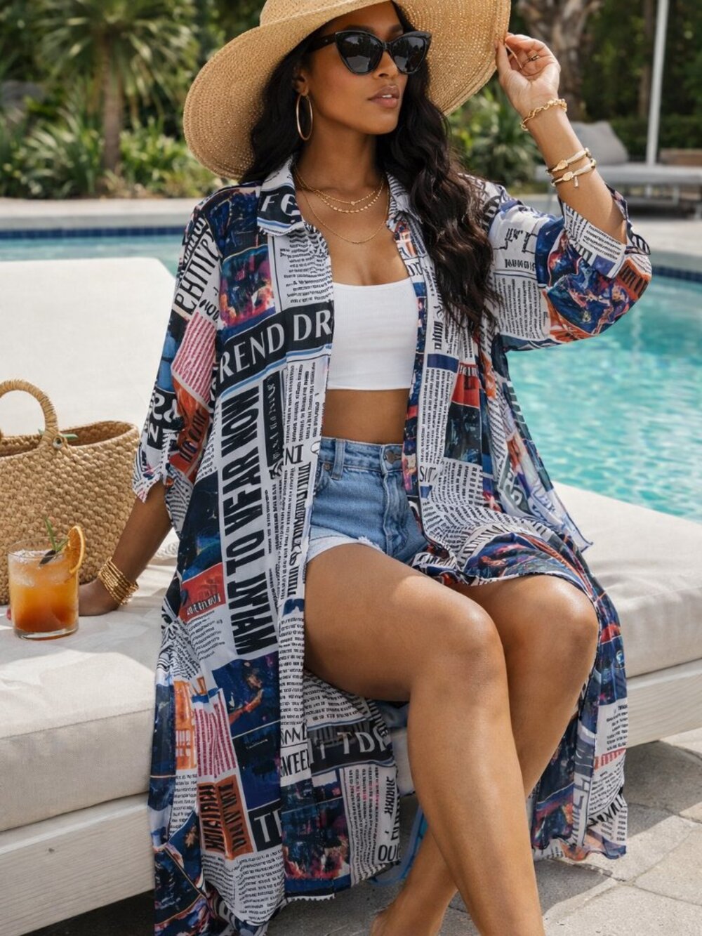 Girl Soul Semi-Sheer Fashion News Paper Design Kimono/Overshirt